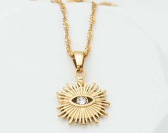 Sunburst Evil Eye Necklace on Gold Singapore Twist Chain, Dainty Necklaces for Women, Gifts for Girlfriend