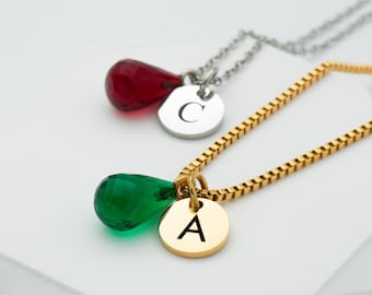 Birthstone Initial Necklace, Christmas Gifts for Women, Tarnish Free Necklace with Initial and Birthstone