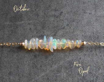 Opal Halskette, zierliche echte Opal Schmuck, Feueropal Halskette in Silber & Rosegold, Oktober Geburtsstein Rohopal Choker