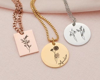 Birth Flower Necklace in Rose Gold & Silver  • Combined Birth Month Flower with Name  • Birthday Gifts for Her