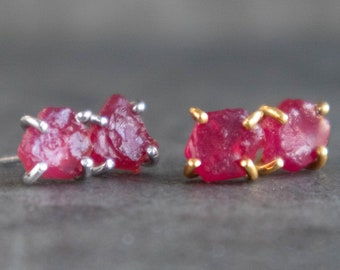 Raw Ruby Earrings, Raw Crystal Earrings, Ruby Stud Earrings  in Gold & Silver, July Birthstone Wedding Anniversary  Gifts For Women