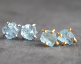 Raw Aquamarine Earrings Studs, March Birthstone Earrings for Women, Raw Stone Earrings in Sterling Silver & Gold, Aquamarine Jewelry