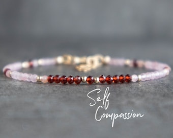 Self Compassion Bracelet for Self Gift, Self Love Crystals Bracelet, Rose Quartz Rhodochrosite Garnet Healing Crystals Bracelet for Women