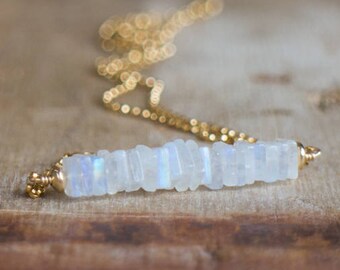 Moonstone Necklace, June Birthday Gift for Her, Bar Necklace, Rainbow Moonstone Jewelry, Handmade Gemstone Jewelry, June Birthstone Necklace