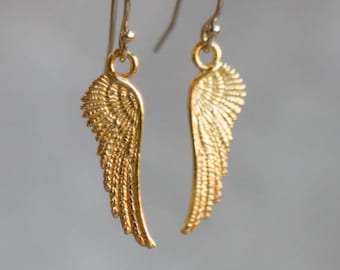 Angel Wings Earrings, Gold Wing Earrings, Gold Dangle Earrings, Small Angel Wing Charm Earrings Gold, Gifts for Women