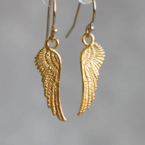 Angel Wings Earrings, Gold Wing Earrings, Gold Dangle Earrings, Small Angel Wing Charm Earrings Gold, Gifts for Women