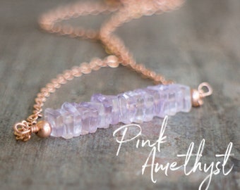 Pink Amethyst Necklace Dainty Gemstone Jewelry Gift for Her, February Birthstone Necklaces for Women in Rose Gold& Silver