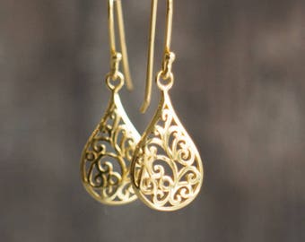 Gold Drop Earrings, Dainty Filigree Earrings, Teardrop Gold Dangle Earrings for Women, Gift for Her