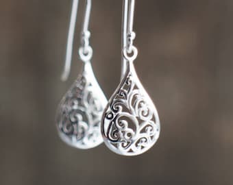 Sterling Silver Filigree Drop Earrings,  Dangle Earrings for Women, Gifts for Her Under 30, Teardrop Earrings