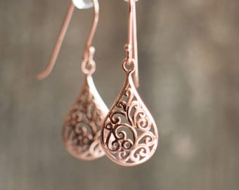 Rose Gold Earrings Dangle Filigree Earrings Small Tear Drop