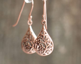 Rose Gold Earrings Dangle, Filigree Earrings, Small Tear Drop Earrings, Gifts for Women Under 30, Rose Gold Jewelry