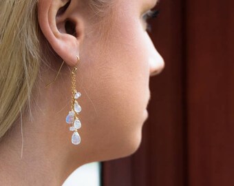 Moonstone Earrings, Statement Jewelry, Gift for Wife, Rainbow Moonstone Dangle Earrings, Gemstone Earrings, Long Earrings, June Birthstone