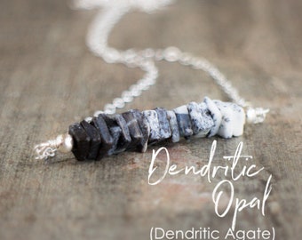 Ombre Bar Necklace, October Birthstone Gift for Her, Dendritic Opal Jewelry, Dendritic Agate Necklace