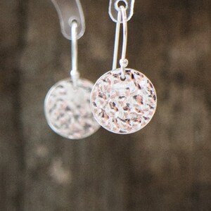 Hammered Circle Silver Earrings, Hammered Disks Sterling Silver Drop Earrings, Hammered Silver Disc Dangle Earrings image 4