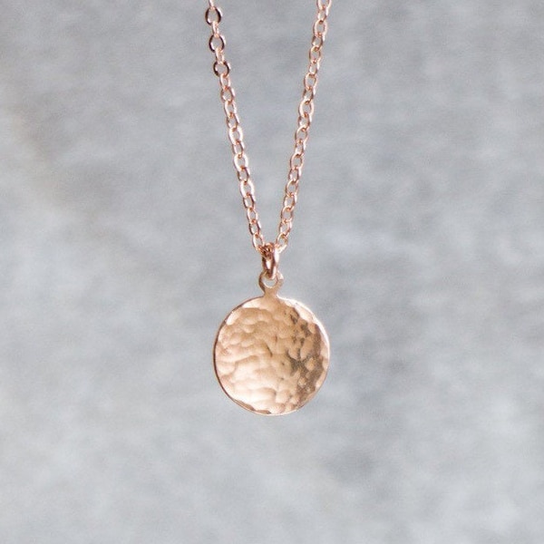 Rose Gold Pendant Necklace, Minimalist Coin Necklace, Hammered Disc Necklaces for Women, Simple Rose Gold Jewelry, Gifts for Her