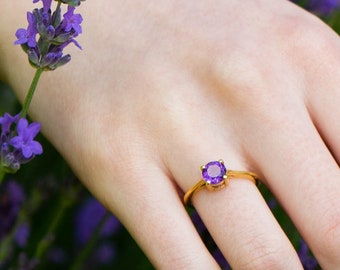 Amethyst Ring, Gold Ring, February Birthstone Ring, Purple Amethyst Gemstone Ring, Amethyst Dainty Ring, Promise Ring, Stacking Ring