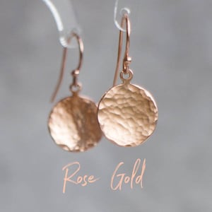 Hammered Gold Earrings, Minimalist Gold Filled Disc Drop Earrings for Women, Rose Gold Earrings, Gifts for Her 14K Rose Gold Filled