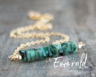 Green Emerald Necklace Silver & Rose Gold, May Birthday Gifts for Women, Raw Emerald Necklace, May Birthstone Jewelry