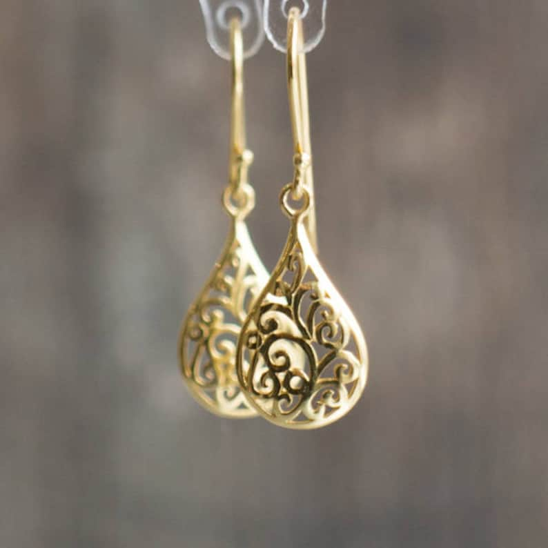 Sterling Silver Filigree Drop Earrings, Dangle Earrings for Women, Gifts for Her Under 30, Teardrop Earrings Gold