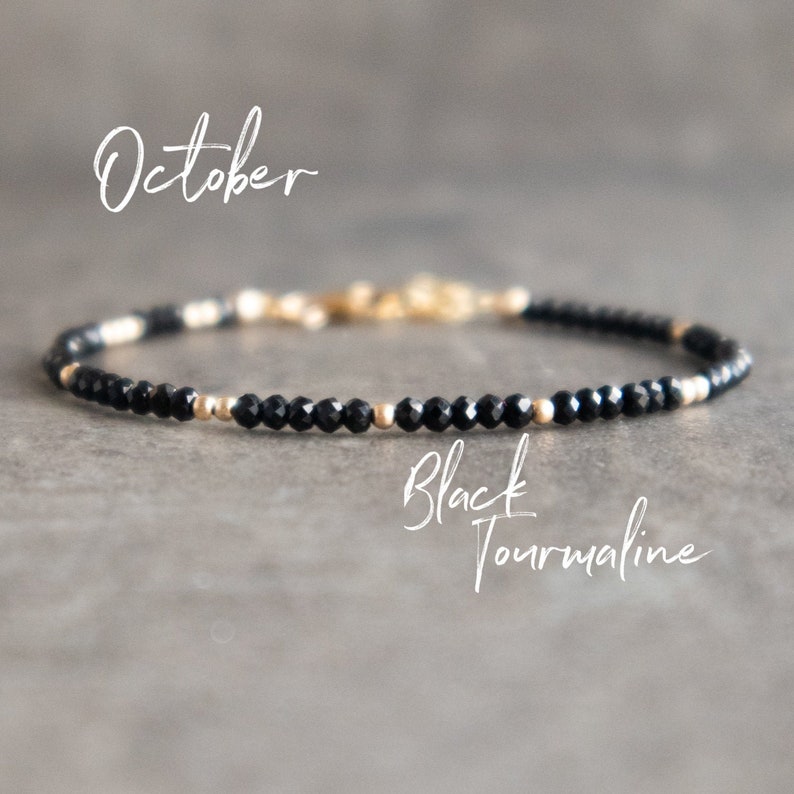 Black Tourmaline Bracelet, Dainty Bracelets for Women, October Birthstone Beaded Bracelet in Sterling Silver, Rose Gold, Black Bracelet 