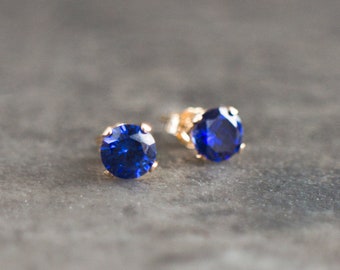 Blue Sapphire CZ Solitaire Stud Earrings in Gold or Silver, Small Earrings, Minimalist Ear Studs Bridesmaids Gifts, Gift for Her