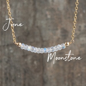 Rainbow Moonstone Necklace Sterling Silver or Rose Gold, Gemstone Bar Necklace, June Birthstone Necklaces for Women, Moonstone Jewelry