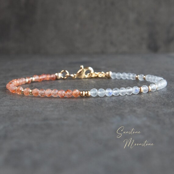 Moonstone and Sunstone Bracelet, Gemstone Bead Bracelets for Women