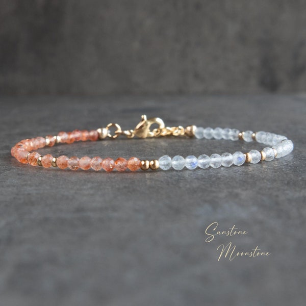 Moonstone and Sunstone Bracelet, Gemstone Bead Bracelets for Women, Gifts for Her, Sunstone & Rainbow Moonstone Jewelry