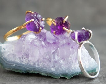 Amethyst Ring Raw Gemstone Engagement Ring, February Birthstone, Raw Crystal Ring for Women in Gold & Sterling Silver