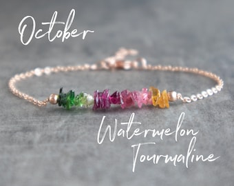 Watermelon Tourmaline Bracelet, Raw Gemstone Bracelets for Women, October Birthstone, Rainbow Tourmaline Jewelry