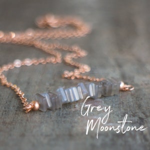 Grey Moonstone Necklace, June Birthday Gift for Her, Gemstone Bar Necklace, Moonstone Jewelry, June Birthstone, Rose Gold Necklace