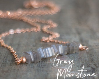 Grey Moonstone Necklace, June Birthday Gift for Her, Gemstone Bar Necklace, Moonstone Jewelry, June Birthstone, Rose Gold Necklace