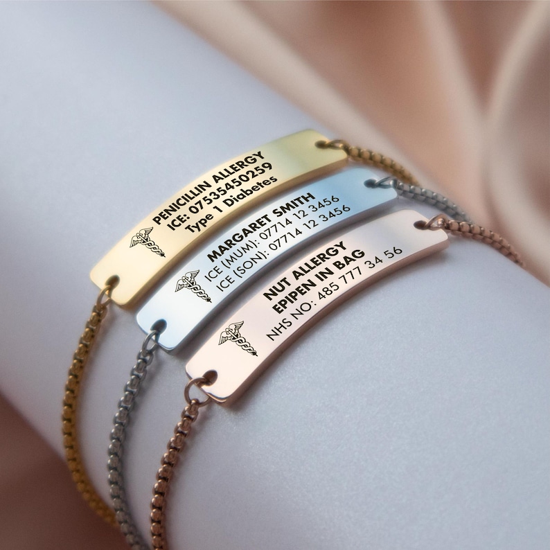 Medical Alert Bracelet, Medical ID Bracelet Women & Mens for Diabetes, Allergy, Epilepsy, Autism in Gold, Silver, Rose Gold, Waterproof image 8