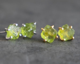 Peridot Earrings, Raw Crystal Earrings Studs in Gold & Sterling Silver, August Birthstone Peridot Jewelry Gifts for Her