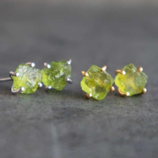 Peridot Earrings, Raw Crystal Earrings Studs in Gold & Sterling Silver, August Birthstone Peridot Jewelry Gifts for Her