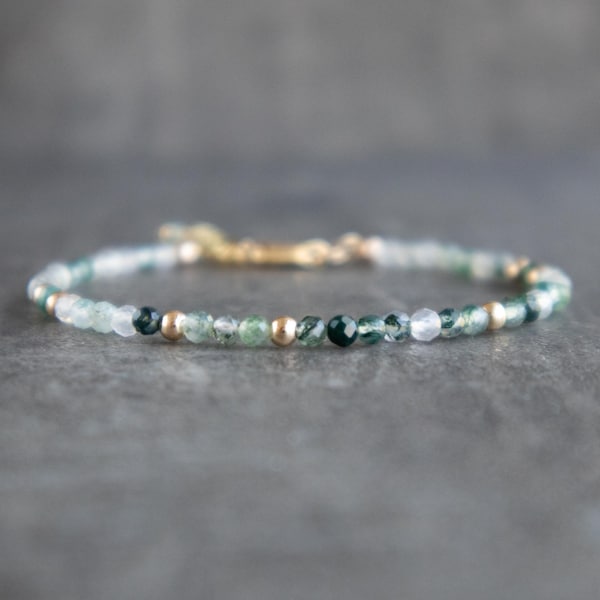 Bracelet en agate mousse verte, bracelets en cristal perlé faits main pour femme, bijoux en agate mousse verte, cadeau pour elle en or et argent sterling