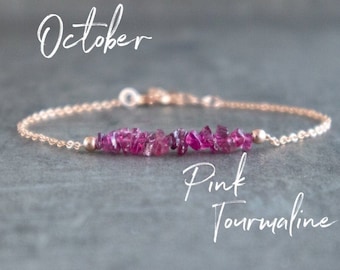 Bracelet en tourmaline rose, bracelet en pierre brute, cadeaux d'anniversaire pour elle, bracelet en pierre de naissance d'octobre, bijoux en tourmaline rubellite