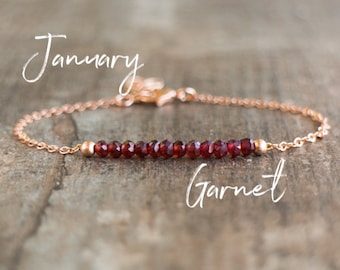 Garnet Birthstone Bracelet, Natural Garnet Beaded Gemstone Bracelet in Rose Gold and Silver, Birthday Gifts for Her