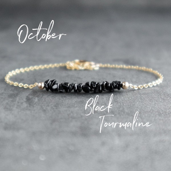 Raw Black Tourmaline Bracelet, Protection Bracelet, October Birthstone Bracelets for Women, Healing Crystal Jewelry