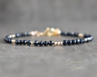 Dark Sapphire Bracelet, Minimalist Bracelets for Women, September Birthstone Blue Sapphire Jewelry, Gift for Wife