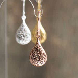 Rose Gold Earrings Dangle, Filigree Earrings, Small Tear Drop Earrings, Gifts for Women Under 30, Rose Gold Jewelry image 8