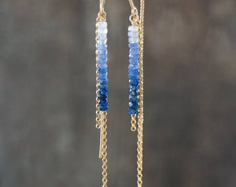 Blue Sapphire Earrings, Threader Earrings Gold & Silver, Genuine Sapphire Jewelry, September Birthstone Gifts for Her
