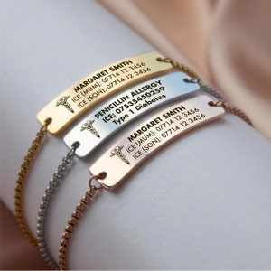 Medical Alert Bracelet, Medical ID Bracelet Women & Mens for Diabetes, Allergy, Epilepsy, Autism in Gold, Silver, Rose Gold, Waterproof image 2