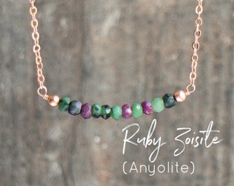 Ruby Zoisite Bar Necklace, Healing Stone Gifts for Friend, Delicate Boho Necklace Gift for Her, Anyolite Jewelry