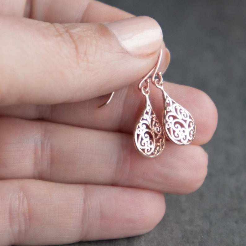 Gold Drop Earrings, Dainty Filigree Earrings, Teardrop Gold Dangle Earrings for Women, Gift for Her image 3