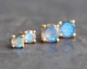 Orecchini labradorite in oro e argento, orecchini con pietre preziose regalo per moglie, gioielli labradorite appariscenti, orecchini da 4 mm 6 mm