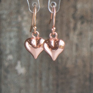 Gold Heart Drop Earrings, Valentines Gift for Her, Puffy Heart Dangle Earrings for Women in Gold & Rose Gold Rose gold