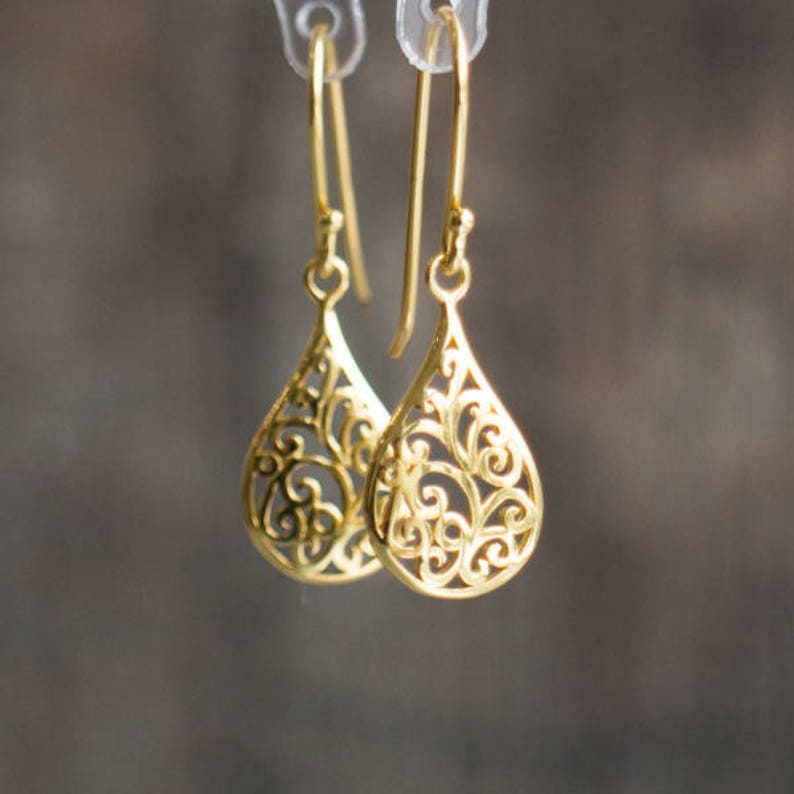 Gold Drop Earrings, Dainty Filigree Earrings, Teardrop Gold Dangle Earrings for Women, Gift for Her image 1