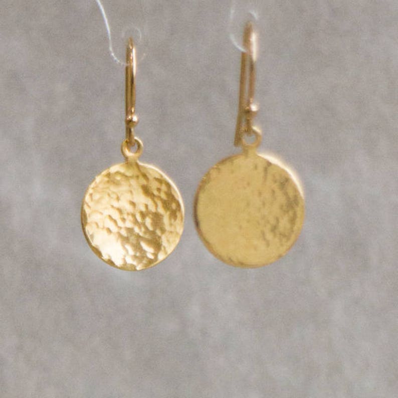 Hammered Gold Earrings, Minimalist Gold Filled Disc Drop Earrings for Women, Rose Gold Earrings, Gifts for Her image 2