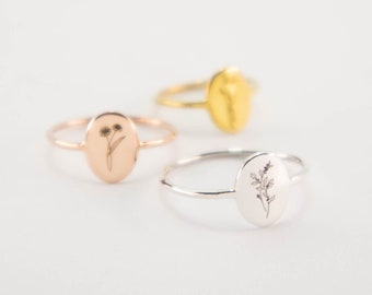 Birth Flower Ring, Dainty Signet Ring  with Birth Month Flower in Gold & Sterling Silver, Personalised Jewelry